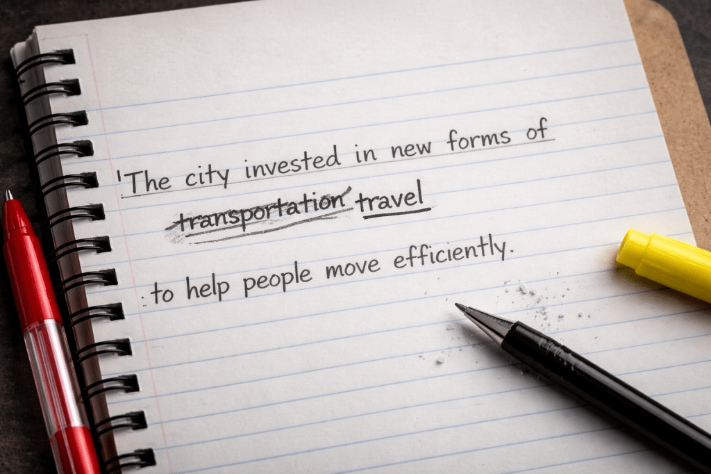 Close-up of a spiral-bound notebook page with a handwritten sentence. The word “transportation” is crossed out and replaced with “travel,” showing a student revision. A red pen, yellow highlighter, and black mechanical pencil with eraser shavings rest nearby on the desk.