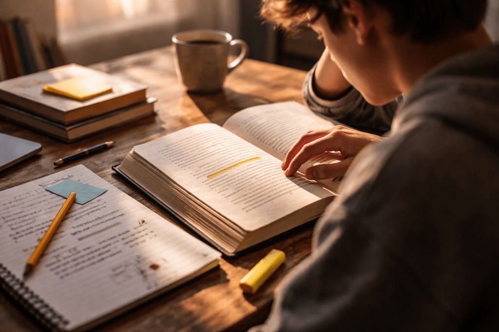 Landscape image of a student reading at a wooden desk in warm natural light. The open book and study materials are in sharp focus in the foreground, while the student’s face is softly blurred, creating a quiet, contemplative mood.