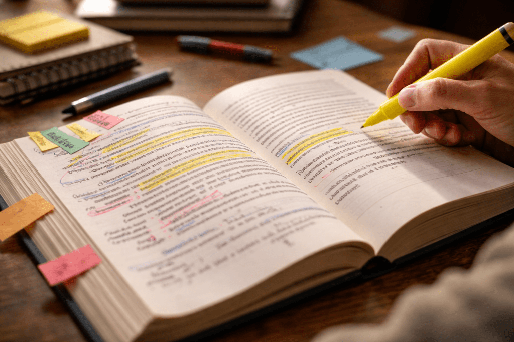 Landscape image of an open textbook on a wooden desk, heavily marked with highlights, notes, and sticky tabs. A hand holds a yellow highlighter above the page, with pens and notebooks scattered nearby in warm, natural light.