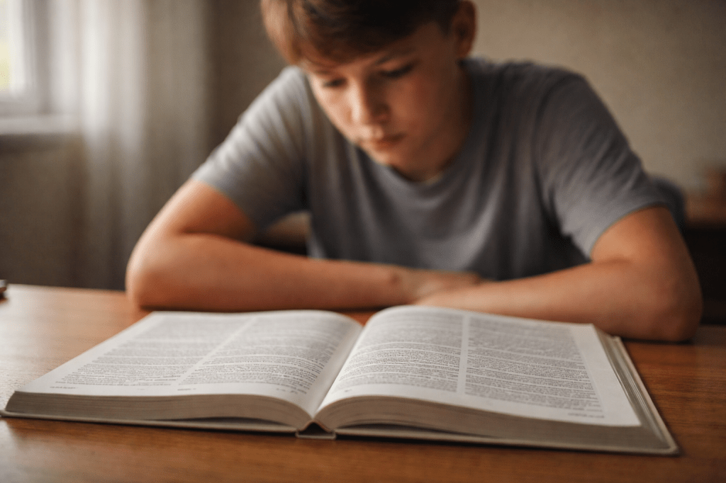 Landscape image of a middle school student sitting at a desk with an open textbook. The page is in sharp focus, filled with dense text, while the student is softly blurred in the background, leaning forward and looking at the book. Warm, natural light creates a calm, contemplative mood, suggesting effort and focus without clear engagement.