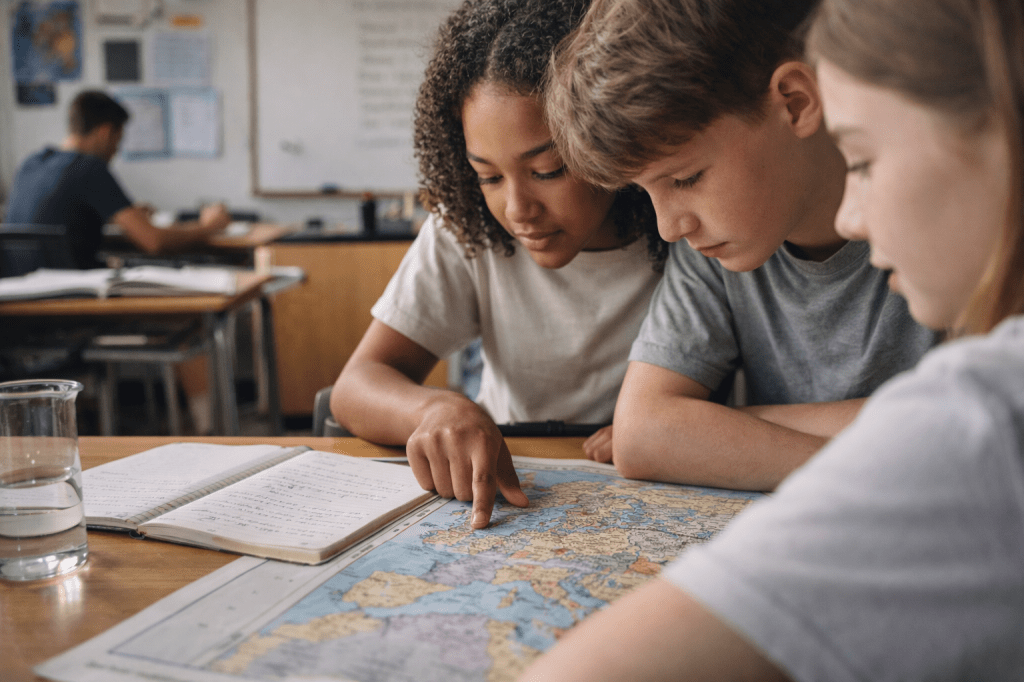 Well-lit classroom scene with three middle school students leaning over a detailed map on a desk. One student points to a location while the others look closely, with an open notebook and a beaker nearby, suggesting collaborative work with a primary source in a content class.
