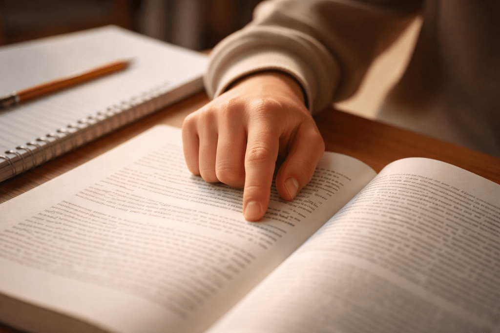 Close-up of a student’s hand hovering over a line of text in an open book, finger resting mid-line as if rereading. A spiral notebook and pencil sit nearby on a wooden desk. Warm natural light creates a quiet, focused mood, suggesting effort and concentration.